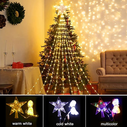 Christmas Waterfall Fairy String Lights with Topper Star, Christmas Tree Decorations for Home 2024 Navidad Natal New Year 2025