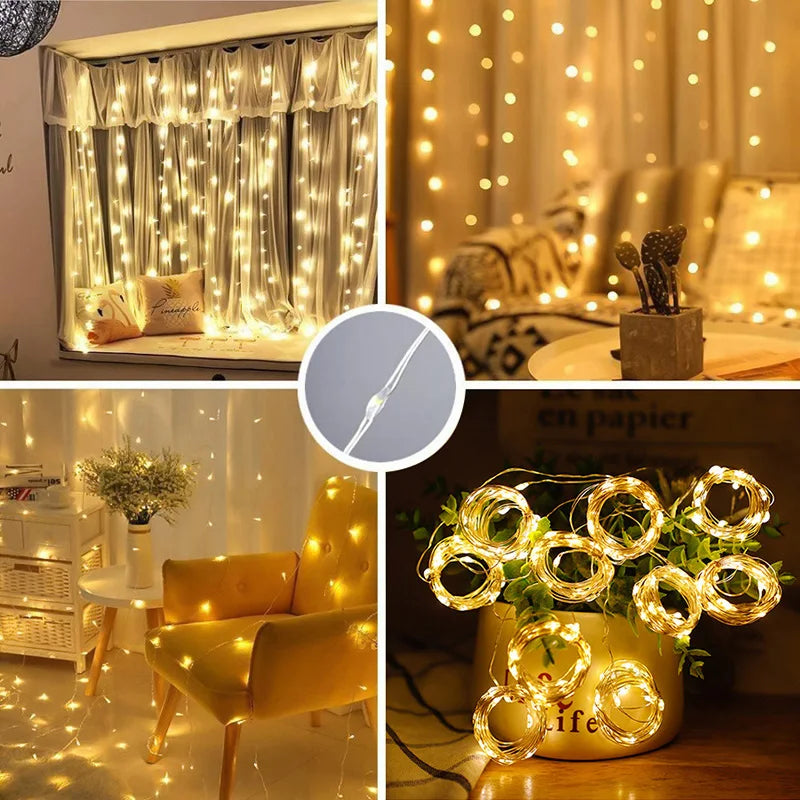 LED Curtain String Lights Christmas Garland Decor Fairy Light 8 Modes USB Remote Control Wedding Holiday Party for Bedroom Home