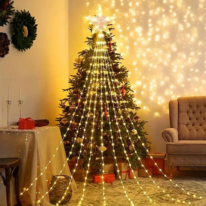 Christmas Waterfall Fairy String Lights with Topper Star, Christmas Tree Decorations for Home 2024 Navidad Natal New Year 2025