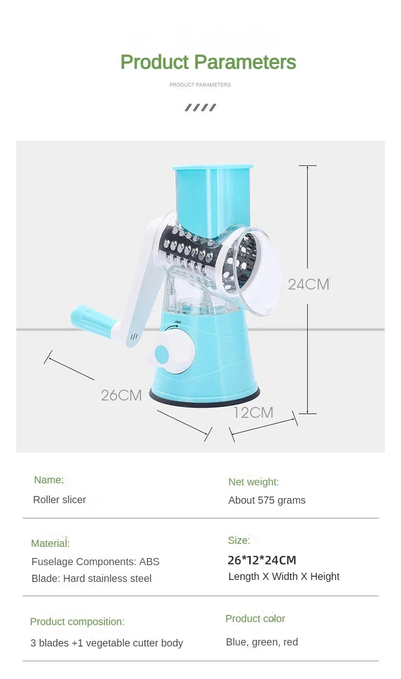 Multi functional hand cranked vegetable slicer, household kitchen manual vegetable slicer, slicer, drum type vegetable slicer.